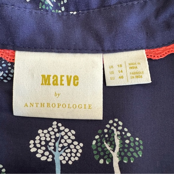 MAEVE BY ANTHROPOLOGIE NAVY TREE PRINT FREDERICKA BUTTON DOWN TOP BLOUSE SIZE 14 - Picture 9 of 12